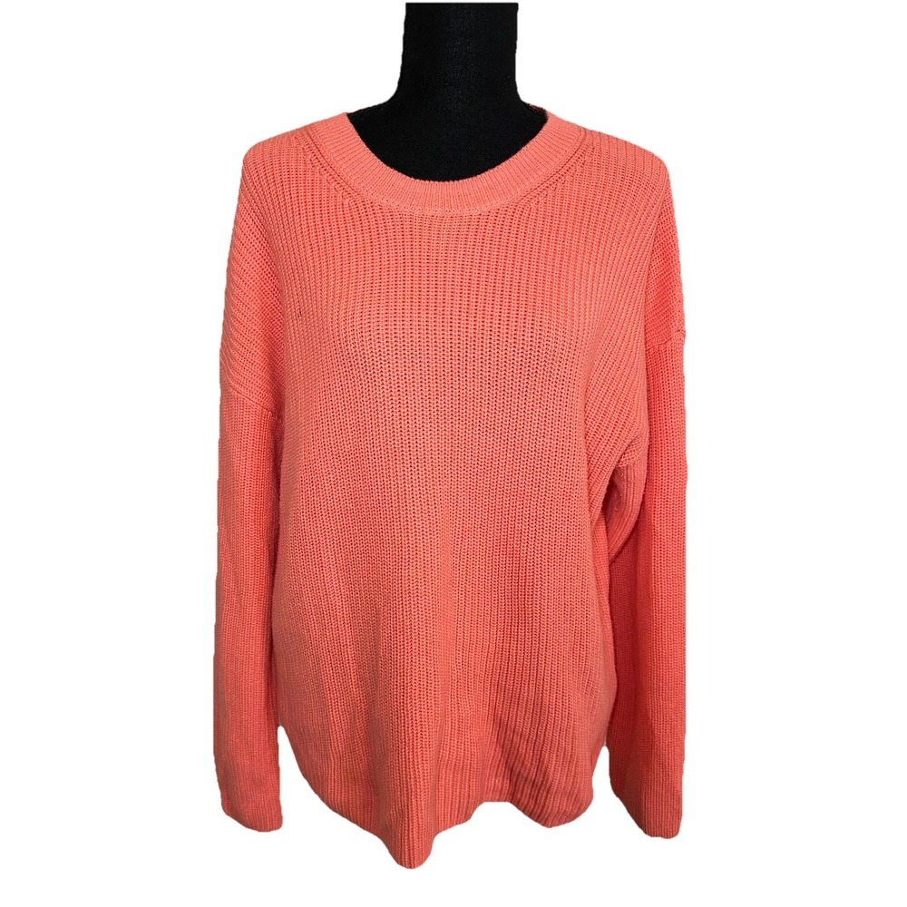 GAP Women's LARGE Open Knit Coral Pink Textured Crewneck Pullover Sweater Chunky